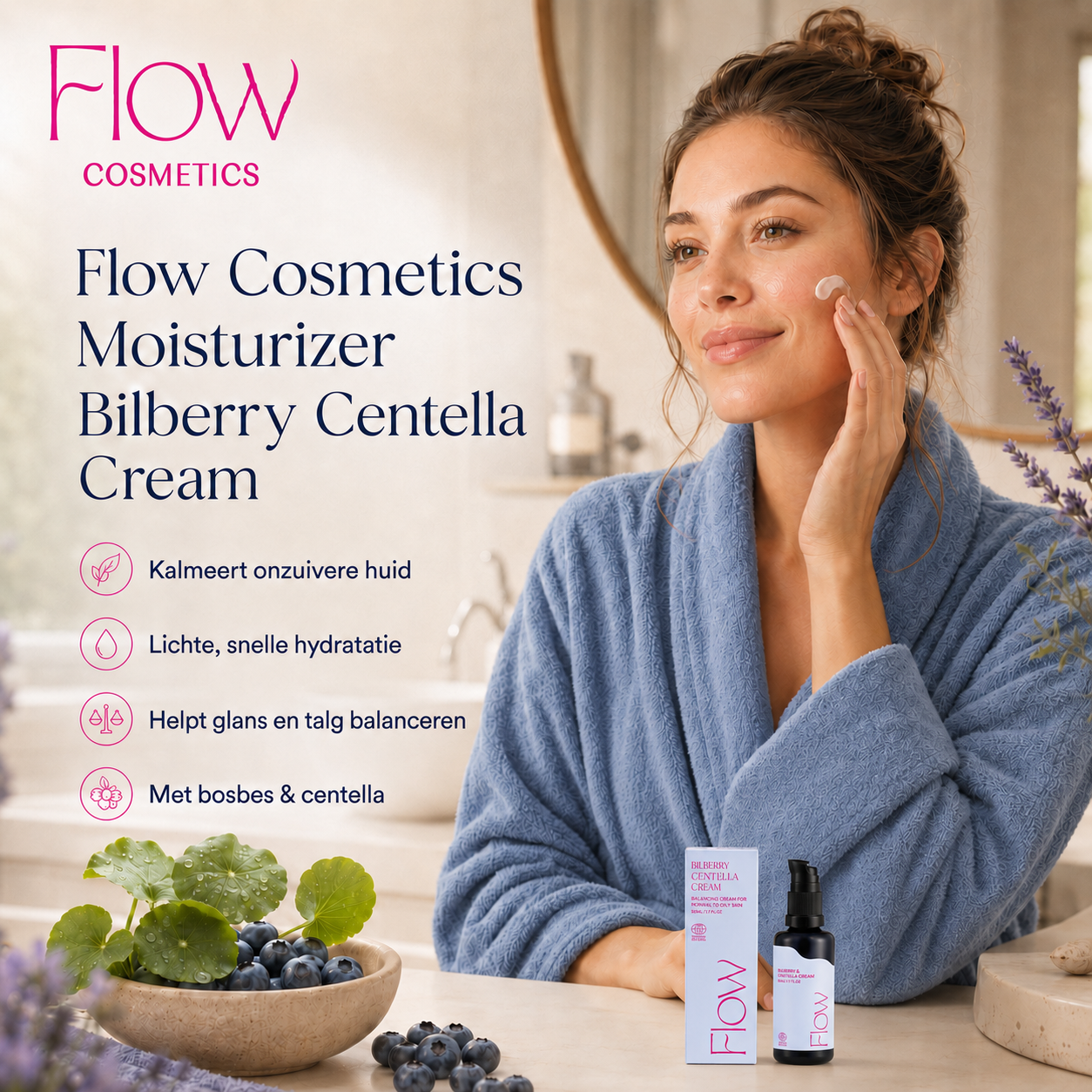Flow Cosmetics Bilberry Centella Cream sfeerbeeld met lichte moisturizer, bosbes, centella en een rustige skincare-routine in de badkamer.
