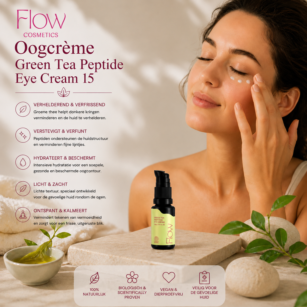 Vrouw gebruikt Flow Cosmetics oogcrème met groene thee voor frisse, stralende ogen en vermindering van fijne lijntjes