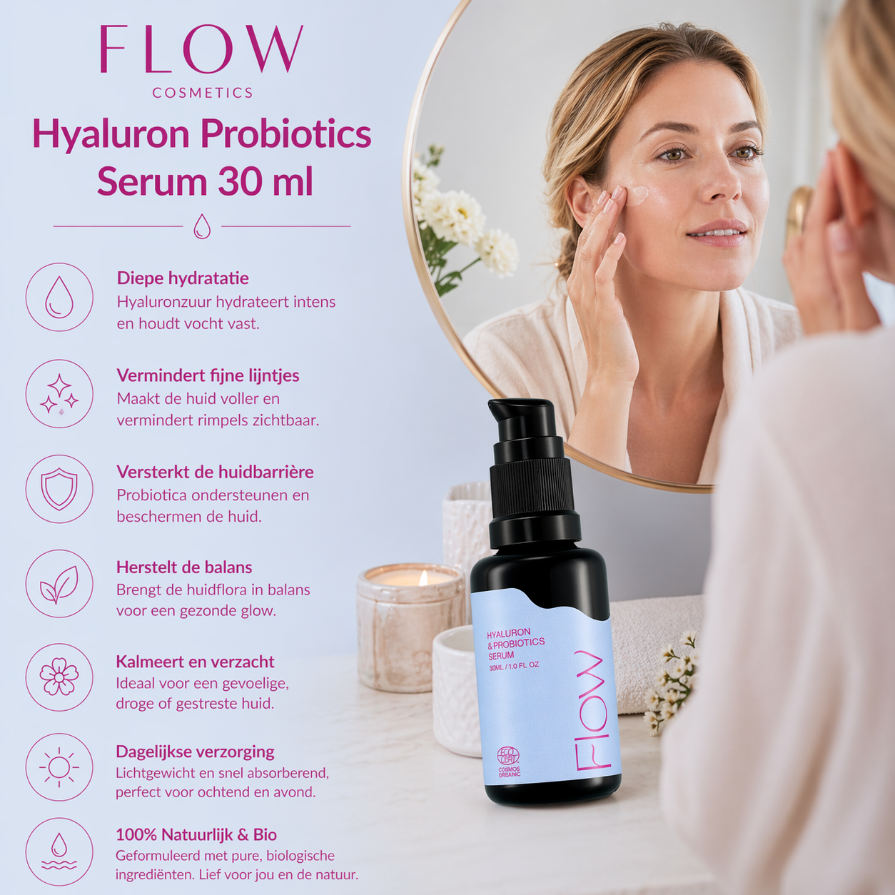Flow Hyaluron Probiotics Serum vrouw brengt aan hydratatie glow huid