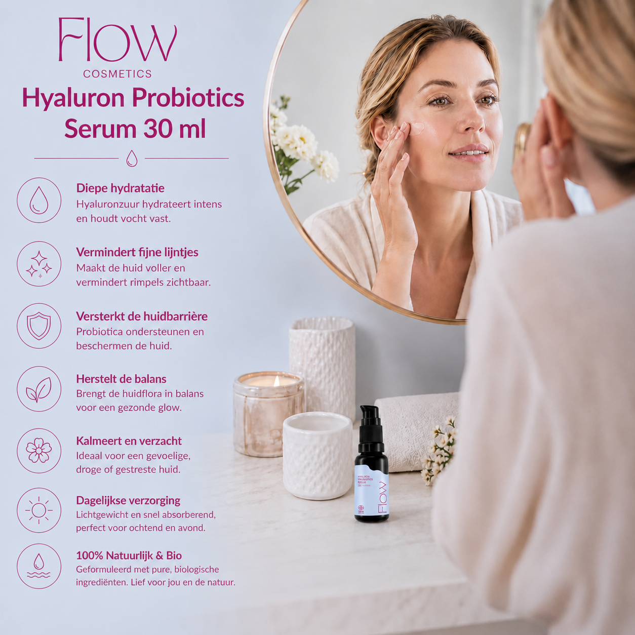 Flow Hyaluron Probiotics Serum vrouw brengt aan hydratatie glow huid