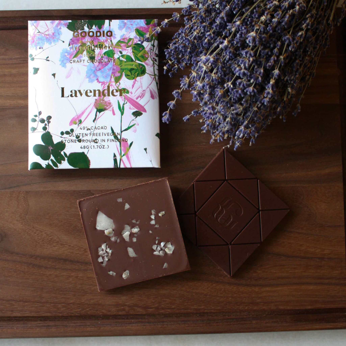 Chocolat Goodio Lavande 49% avec tablette et emballage