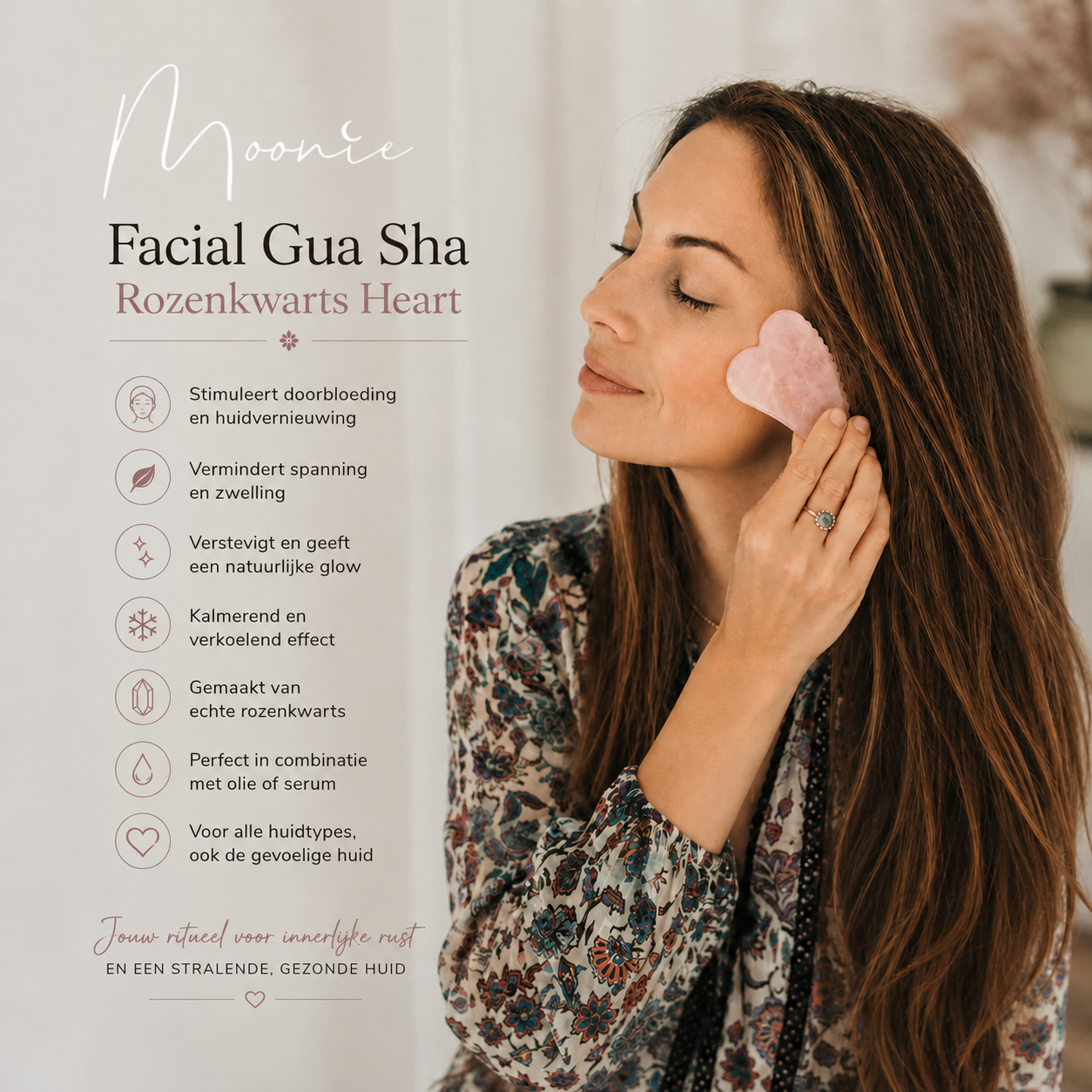 Moonie by Mila gua sha rozenkwarts gebruik gezicht massage versteviging glow natuurlijke skincare routine