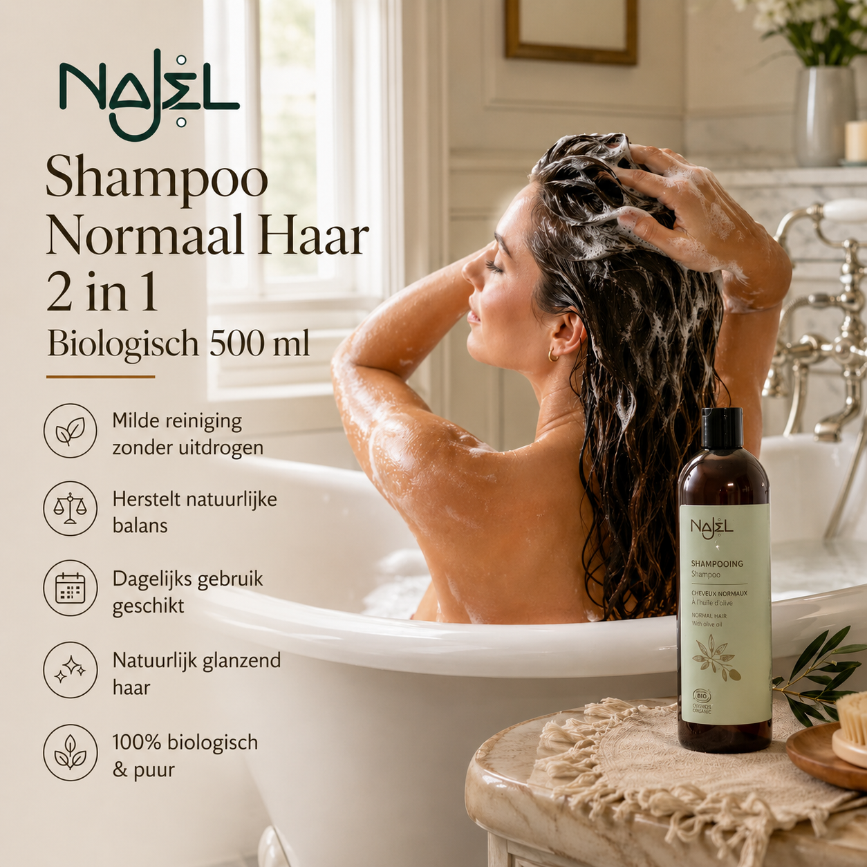Vrouw wast haar met Najel Shampoo, milde reiniging en herstelt natuurlijke balans.