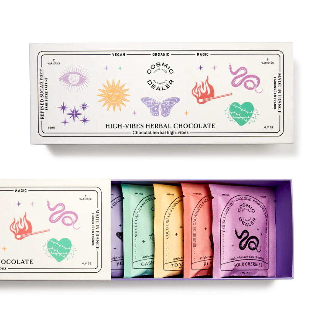 Ontdekkingsdoos met Chakra Chocolates, een doos met de 7 best verkochte smaken.