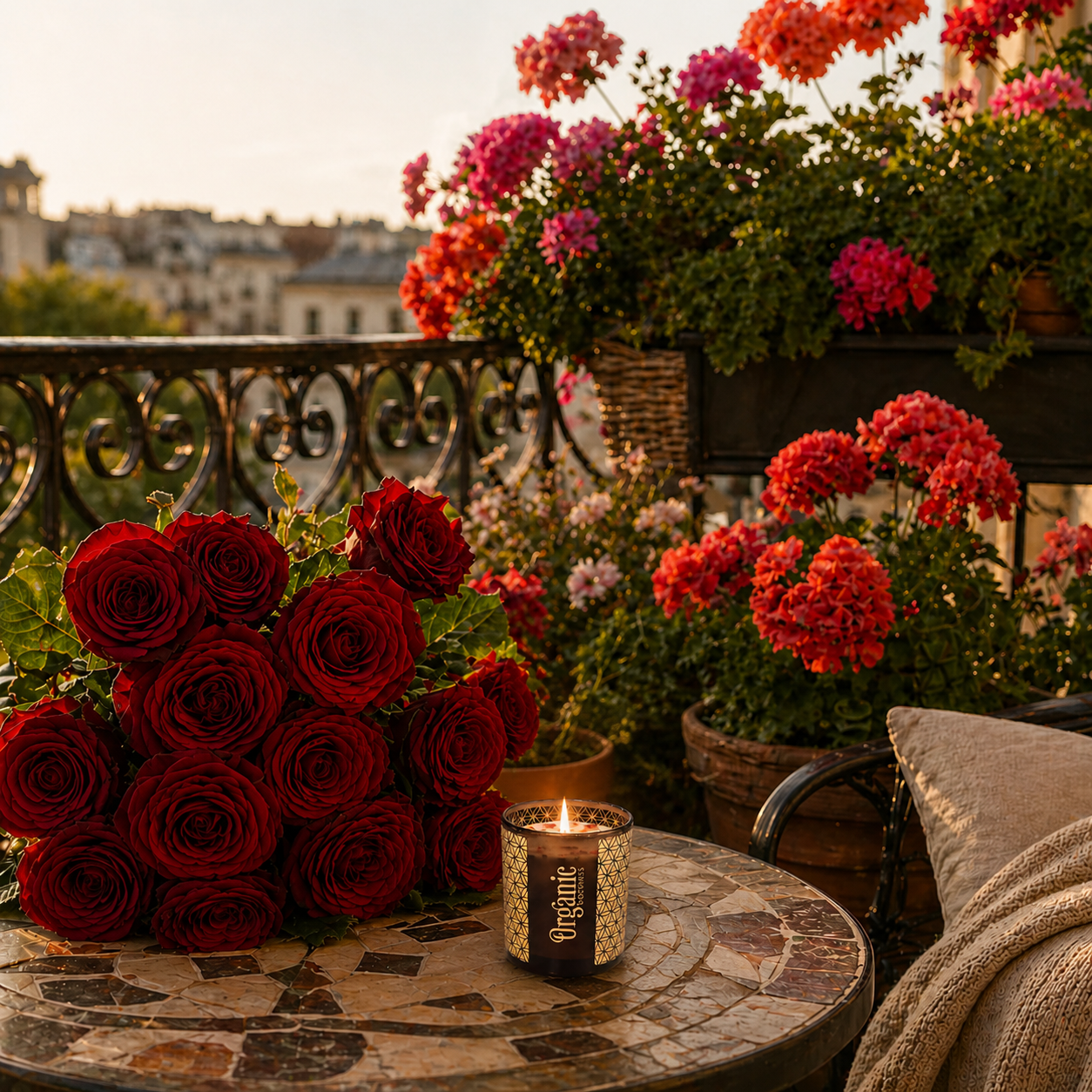 Organic Goodness geurkaars roos geranium balkon bloemen rust en harmonie