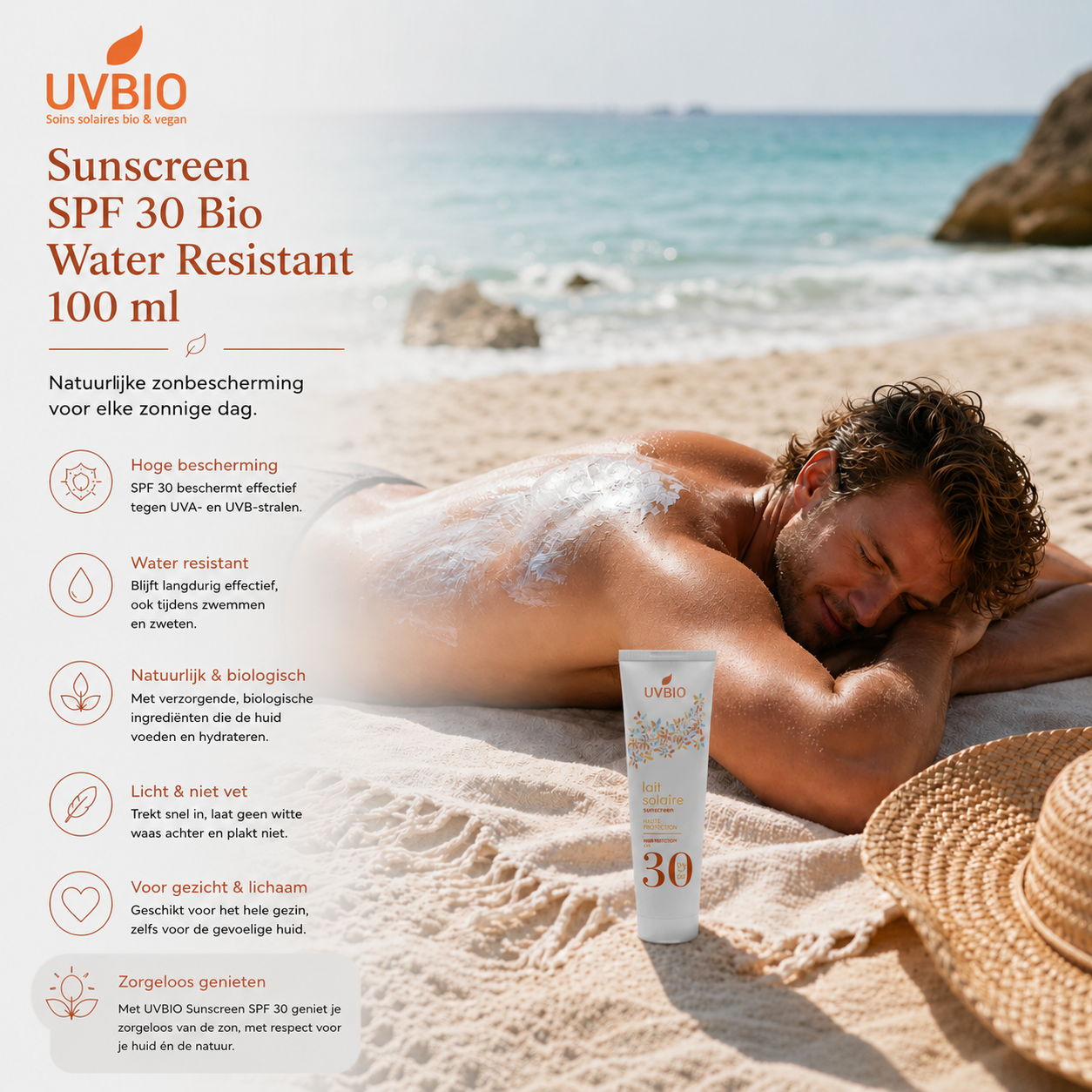 UVBIO SPF30 zonbescherming rug smeren strand ontspanning natuurlijke bescherming