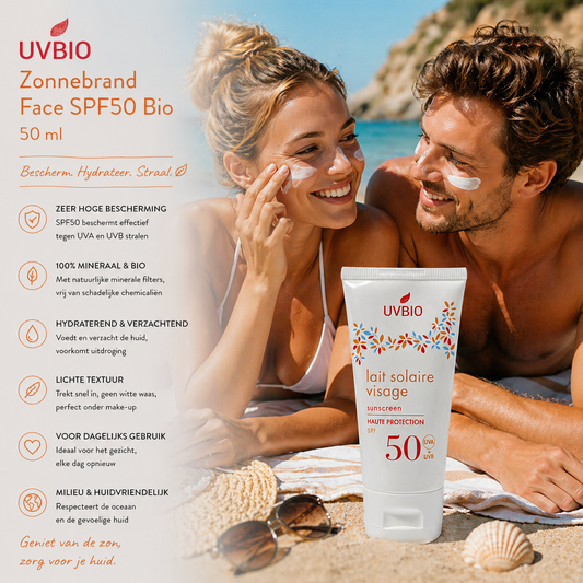 UVBIO zonnebrand face SPF50 bio strand gebruik bescherming hydratatie stralende huid