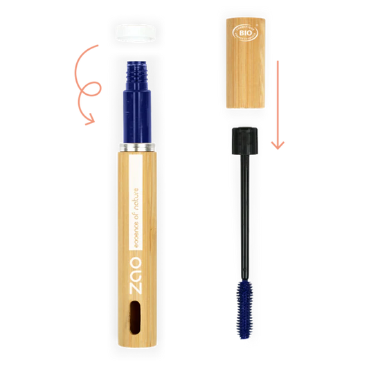 Emballage ouvert du mascara Zao, design en bambou et formule naturelle