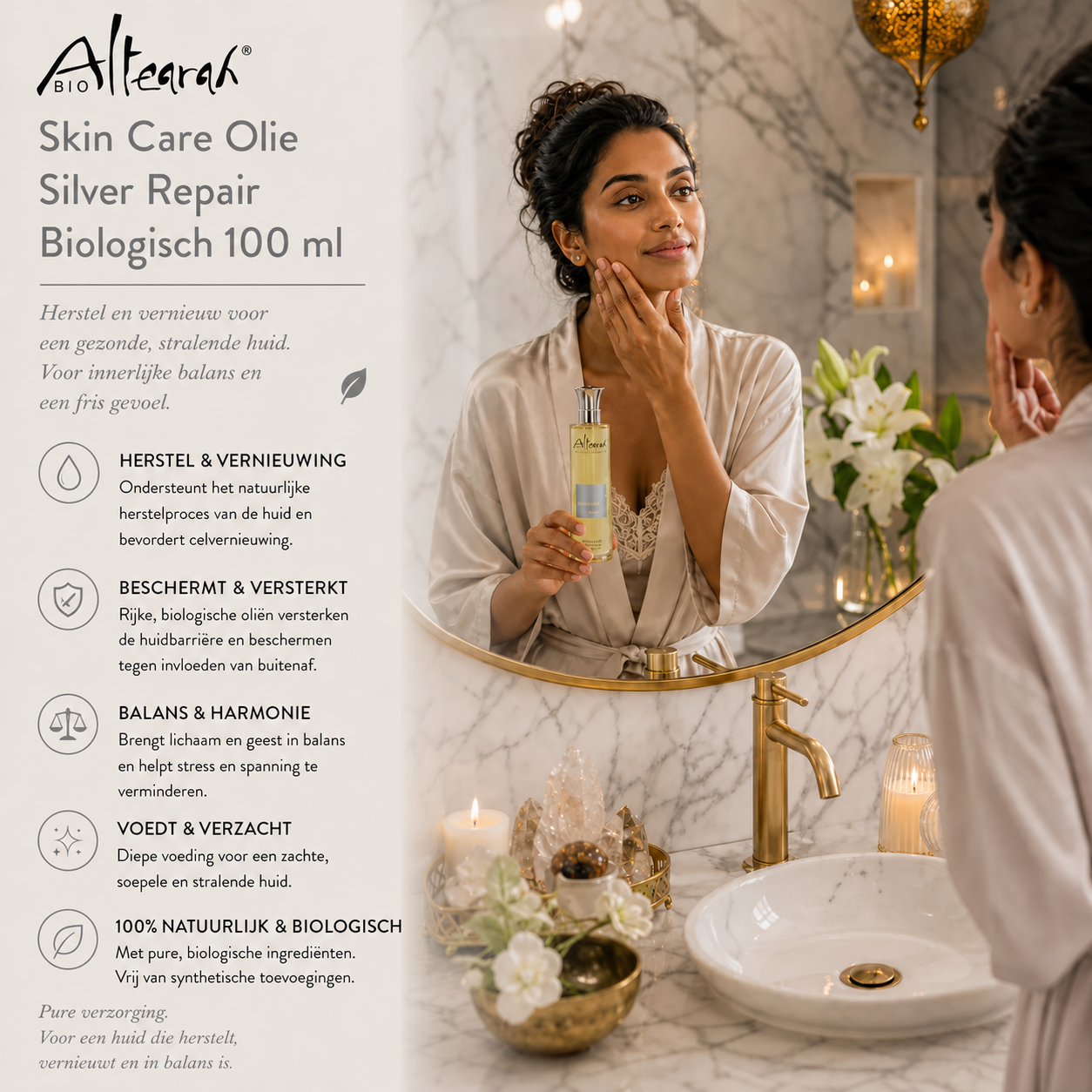 Altearah Silver Repair gezichtsolie 100 ml in marmeren badkamer, herstellende biologische huidolie voor huidvernieuwing en balans
