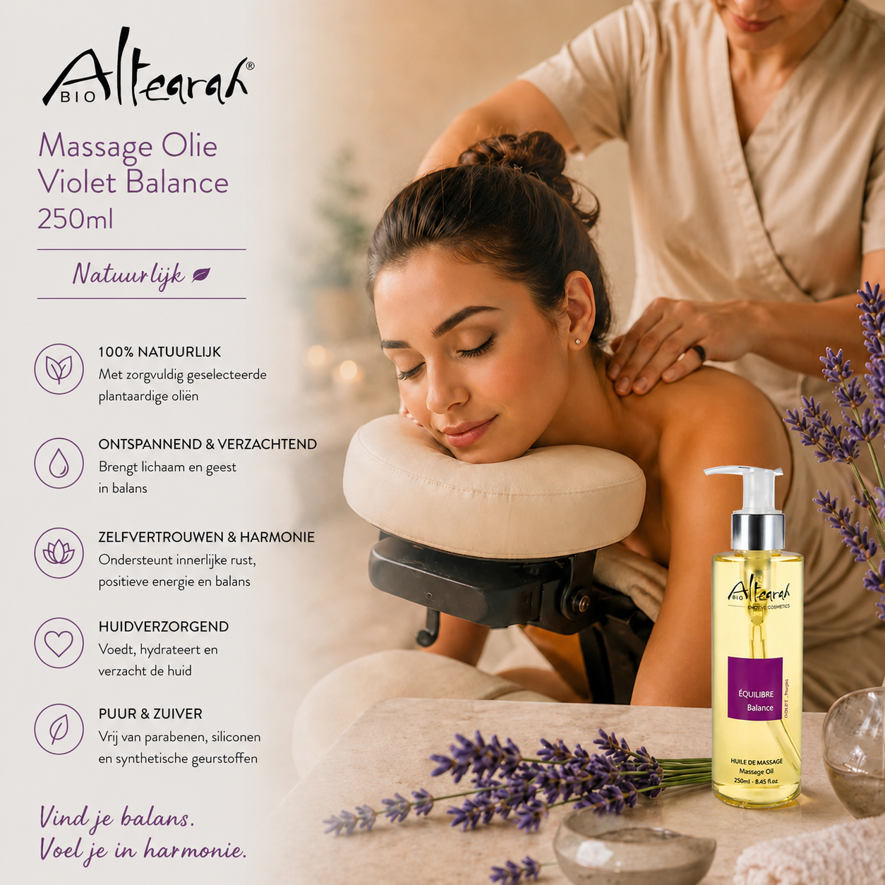 Altearah massage olie violet balance vrouw wordt gemasserd, aromatherapie ontspanning balans huidverzorging luxe wellness