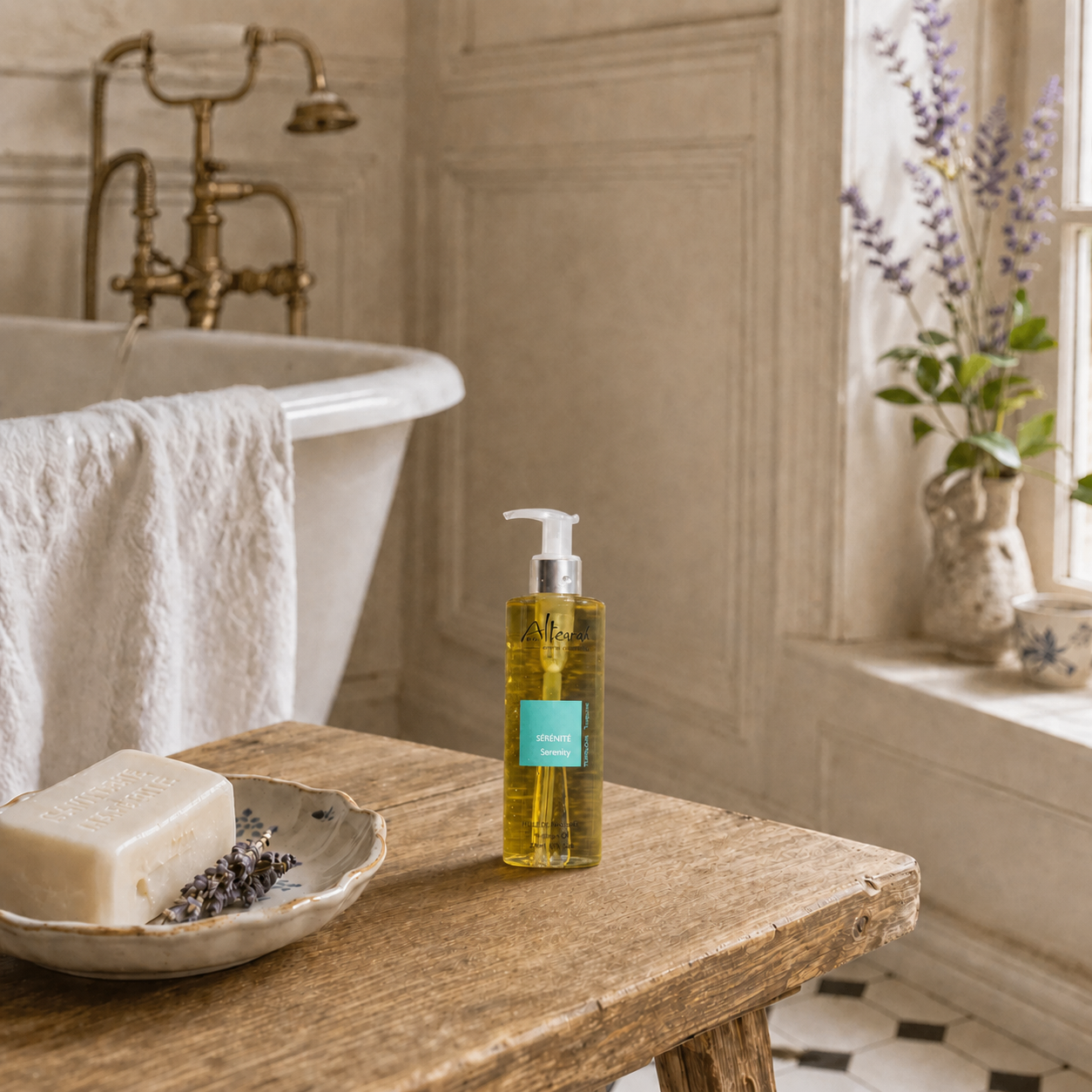 Altearah massage olie turquoise serenity strand rust ontspanning aromatherapie kalmte natuurlijke huidverzorging wellness