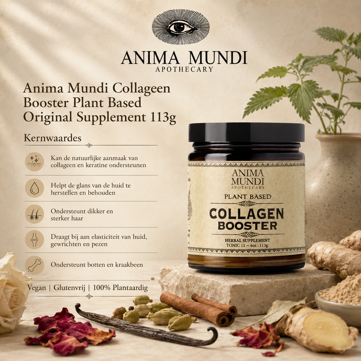 Anima Mundi Collageen Booster Plant Based Original Supplement 113g in luxe botanisch sfeerbeeld met plantaardige kruiden voor huid, haar en natuurlijke glow.