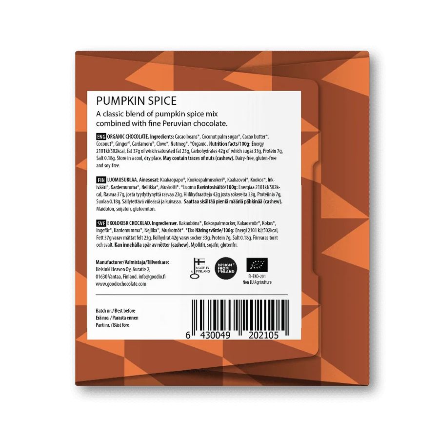 Dos de l’emballage Goodio Pumpkin Spice 49% avec les ingrédients