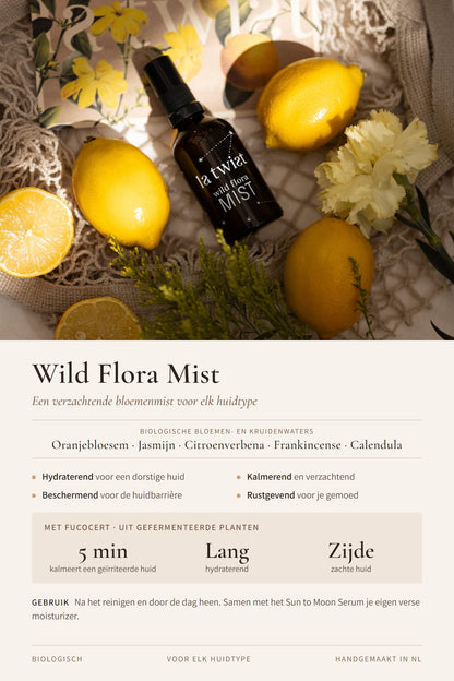 Wild Flora Mist highlights: biologische bloemenwaters van oranjebloesem, jasmijn, citroenverbena, frankincense en calendula; hydraterend, kalmerend en beschermend