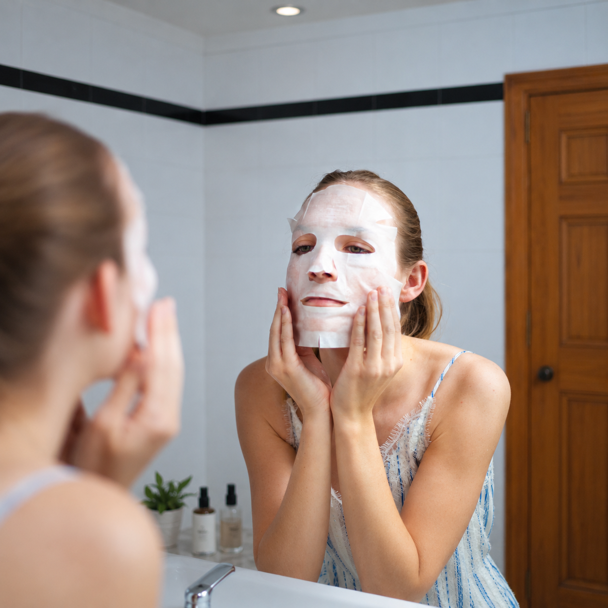 Vrouw gebruikt Les Poulettes Hydra Fresh Mask voor hydratatie