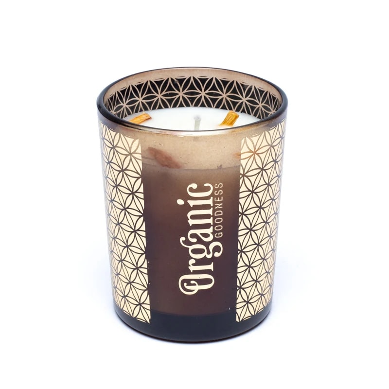 Organic Goodness soy wax candle with natural smudge herbs and essential oils.
